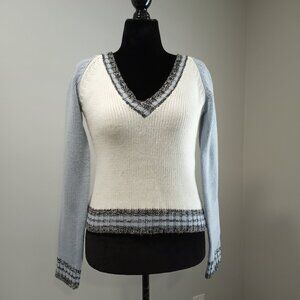 SMUDGE BLUE WHITE DEEP V-NECK LONG SLEEVE SWEATER WOMEN L